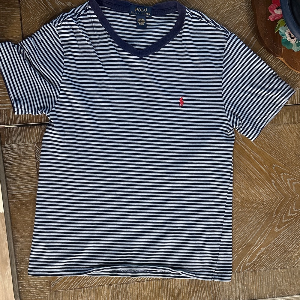 Polo by Ralph Lauren Navy and White Striped V-Neck Tee with Red Pony